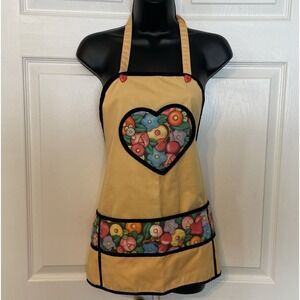 Vintage Mary Engelbreit  Apron 90s Yellow Heart Buttons Contrasting Floral Print